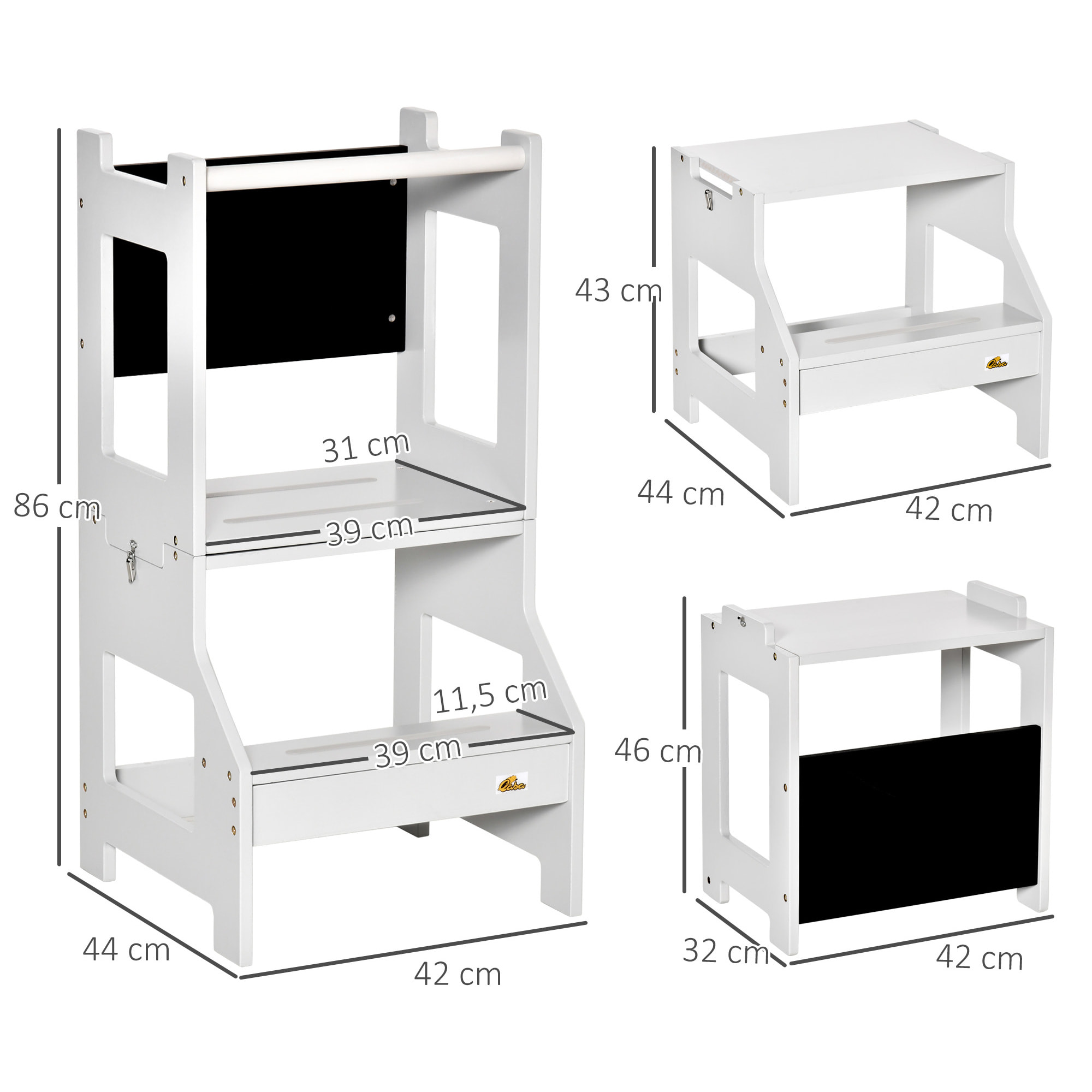 Torre de Aprendizaje 2 en 1 Taburete de Aprendizaje para Niños de +3 Años Convertible en Escritorio con Pizarra y Barra de Seguridad 42x44x86 cm Gris