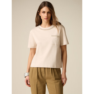 Oltre - T-shirt in cotone con cristalli - Beige