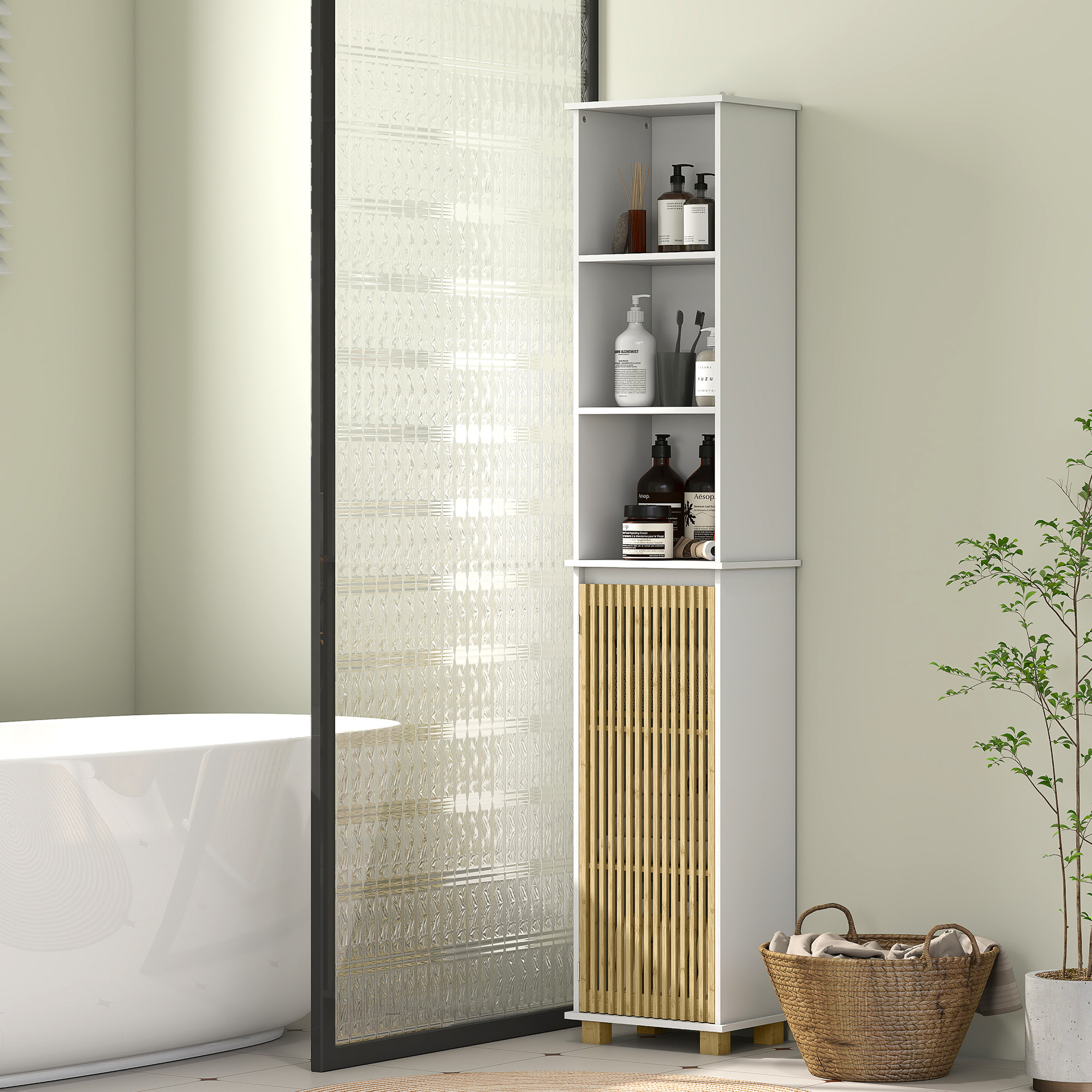 Colonne salle de bain H.173 cm - porte à lattes verticales, étagère, 3 niches - piètement bambou blanc