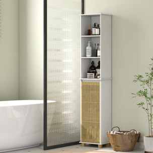 Colonne salle de bain H.173 cm - porte à lattes verticales, étagère, 3 niches - piètement bambou blanc