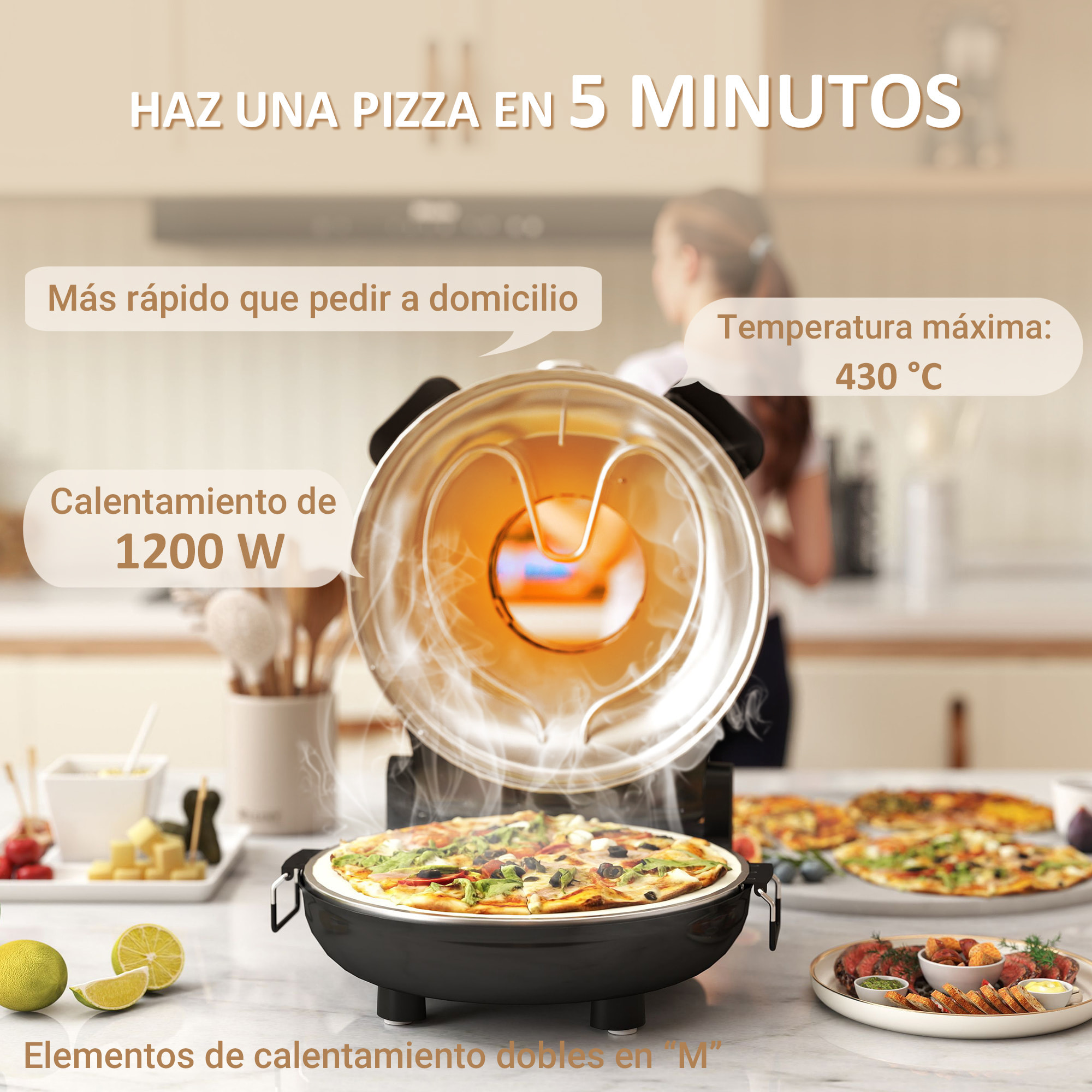 Horno para Pizza en 5 Minutos 1200W Horno Pizza Eléctrico con Temporizador 15min Temperatura hasta 430℃ Ventana de Visualización Indicador Luminoso Negro