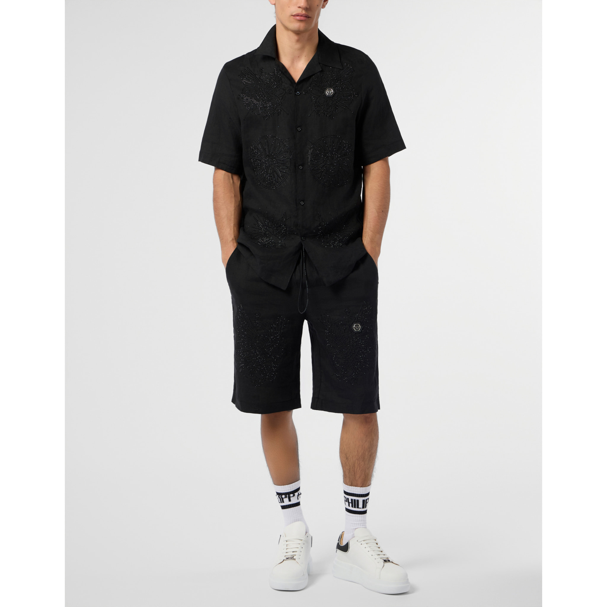 PHILIPP PLEIN Embroidered Linen Bowling Shirt Tattoo Strass