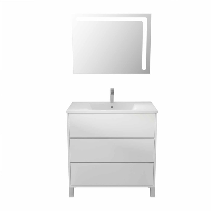 Ensemble Meuble de salle de bain blanc 80 cm sur pied 3 tiroirs + vasque ceramique blanche + miroir