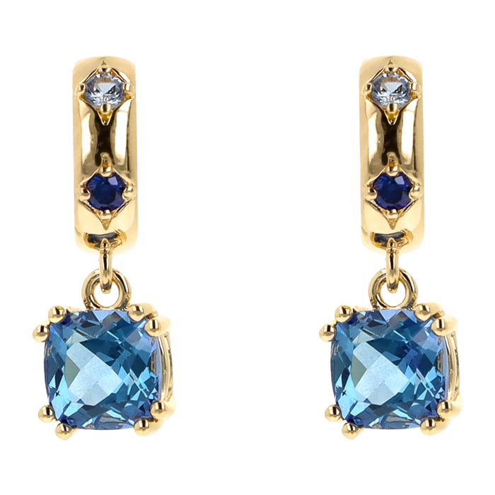 Orecchini Pendenti Étoile Golden con Prisma Gem Blu Taglio a Cuscino