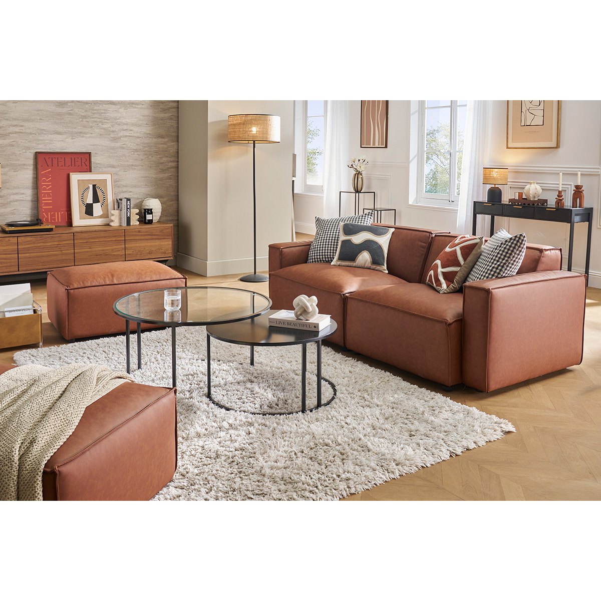 Canapé modulable vintage 3 places en cuir marron SPLIT