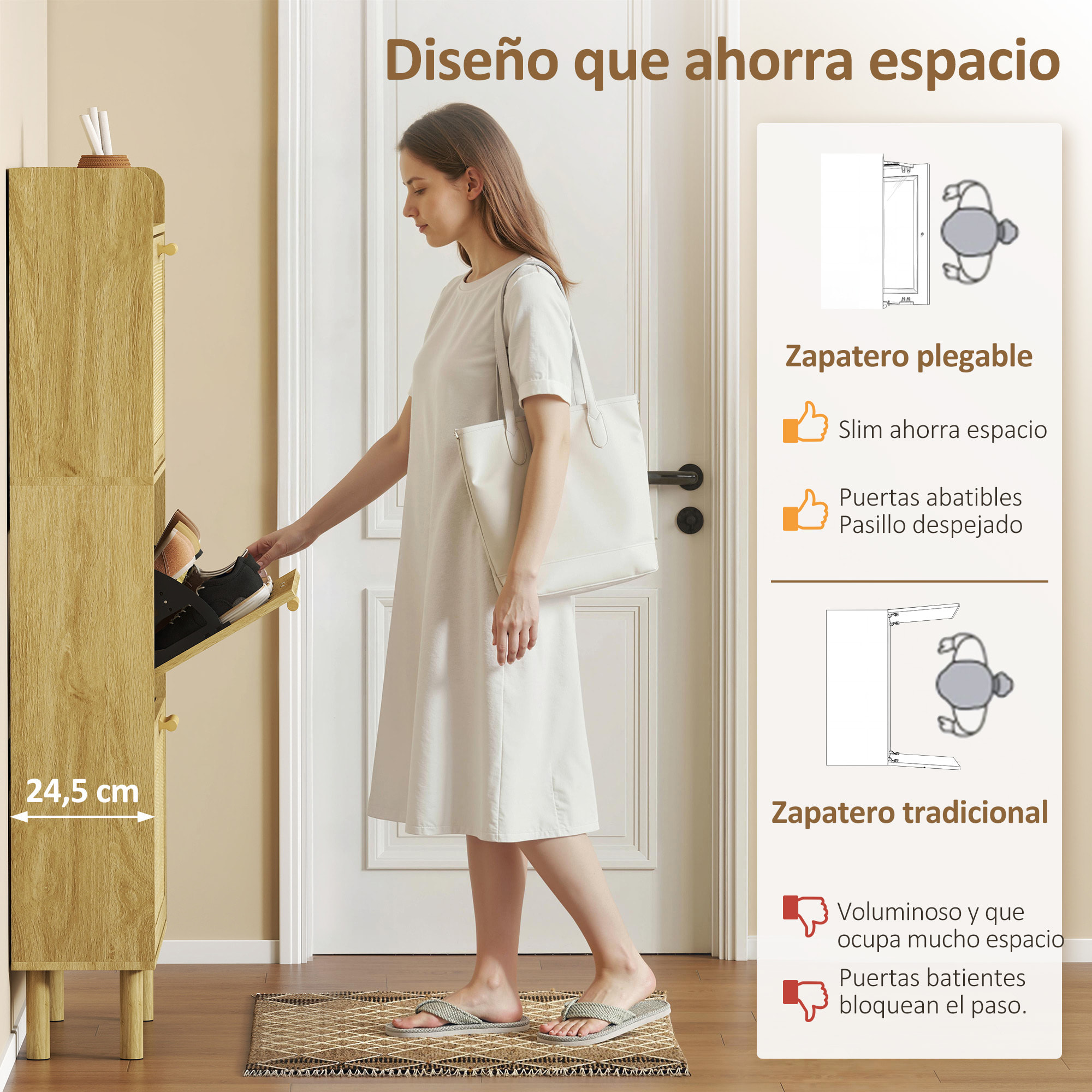 Zapatero Estrecho con 3 Cajones Abatibles, Zapatero de Recibidor Entrada con Estante Abierto, Patas de Madera, para 12-18 Pares de Zapatos, 65x24,5x153 cm, Roble