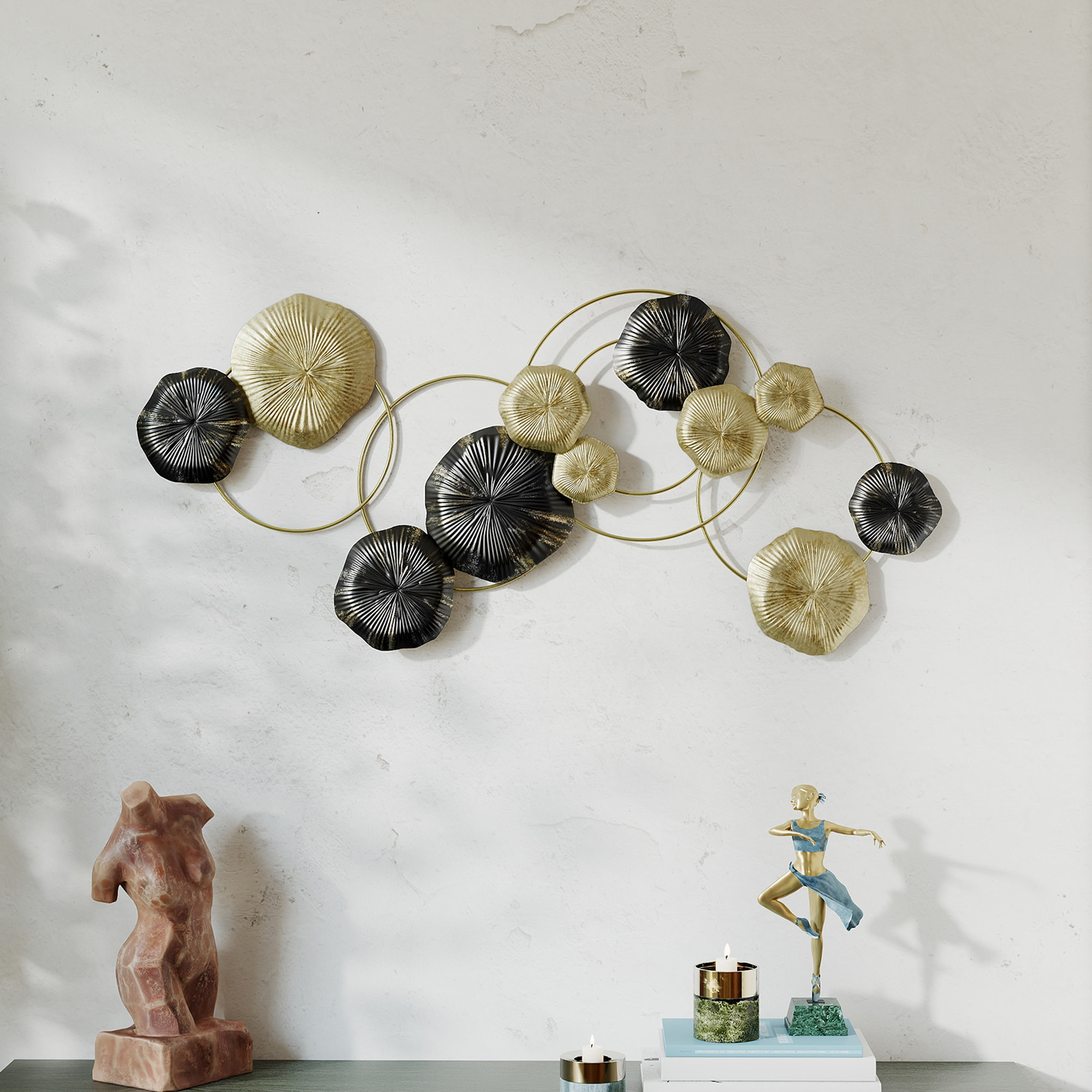 Decoración de Pared de Metal con Forma de Hoja de Loto, Adorno para Salón Moderno, Escultura de Pared para Decoración Hogar, Dormitorio, Oficina, 84x35 cm, Dorado y Negro