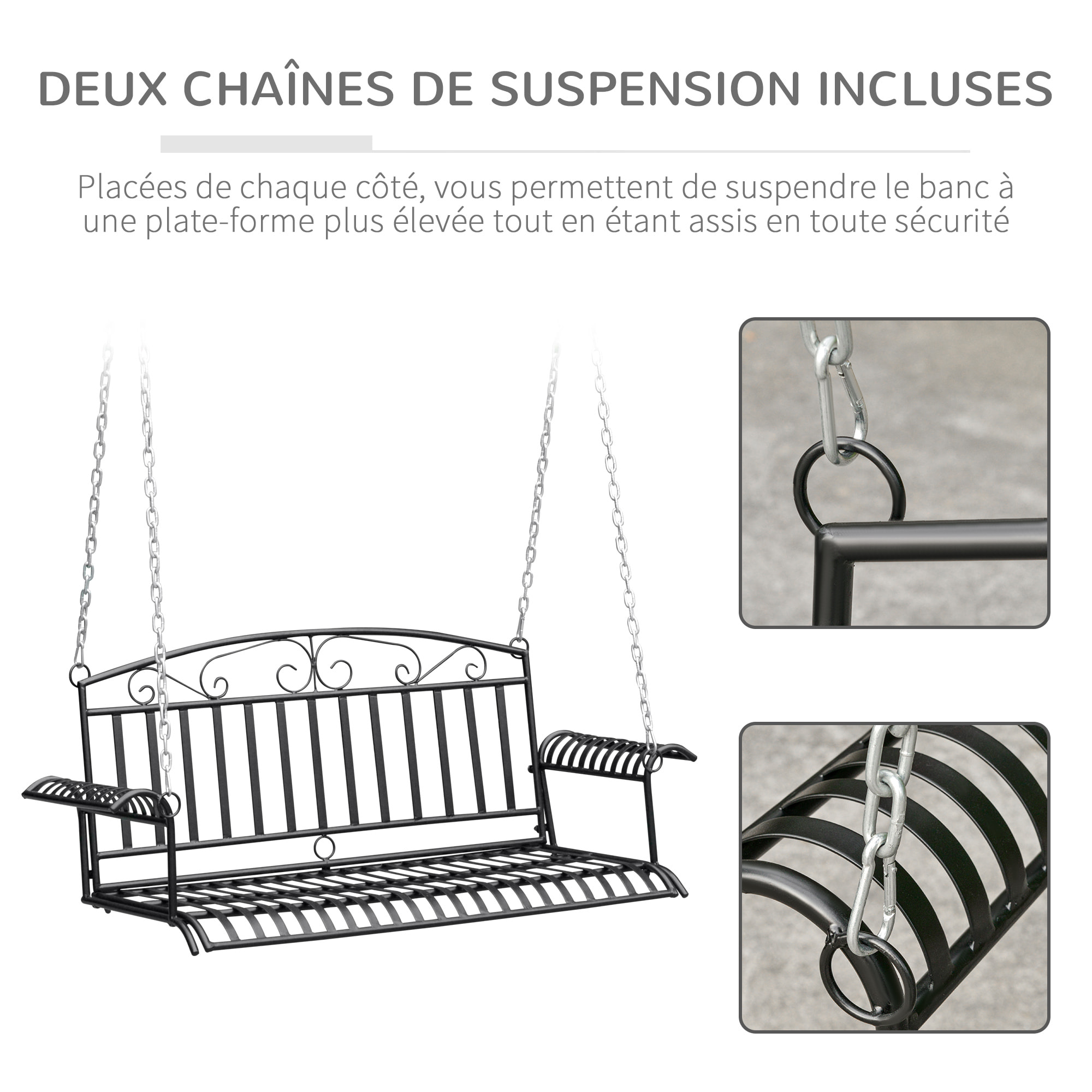 Banc suspendu 2 places balancelle de jardin en métal dim. 137L x 58l x 52H cm noir