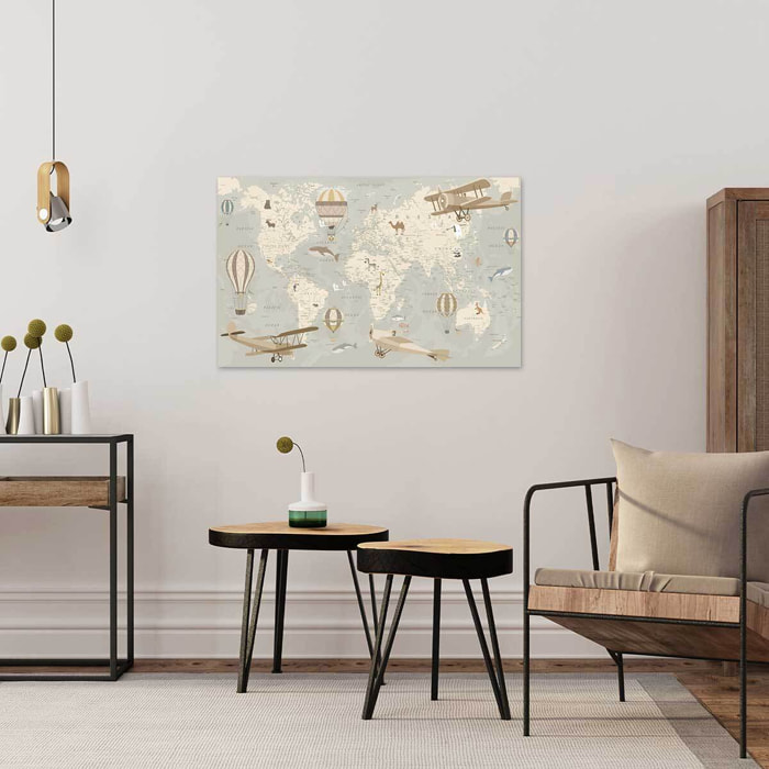 Tableau enfant carte du monde avions et montgolfières - 80x50 cm Toile imprimée