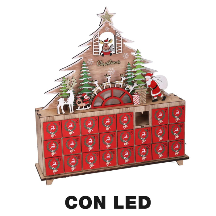 Calendario dell'avvento in legno led albero rosso cm31x8h34,5