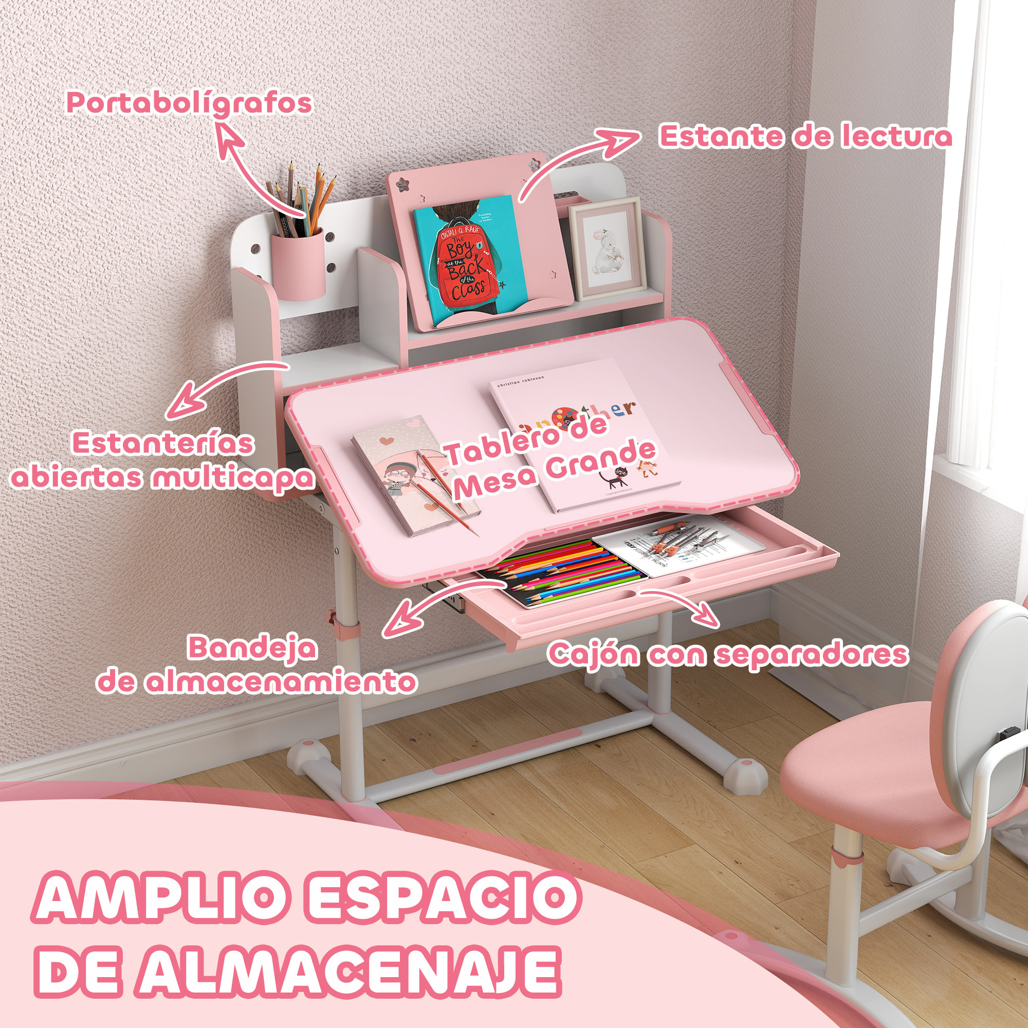 Juego de Escritorio y Silla para Niños de +3 Años, Pupitre Infantil Altura Ajustable con Tablero Inclinable, Cajón y Estantes, Respaldo Acolchado, para Libros, 80x55x107,5 cm, Rosa