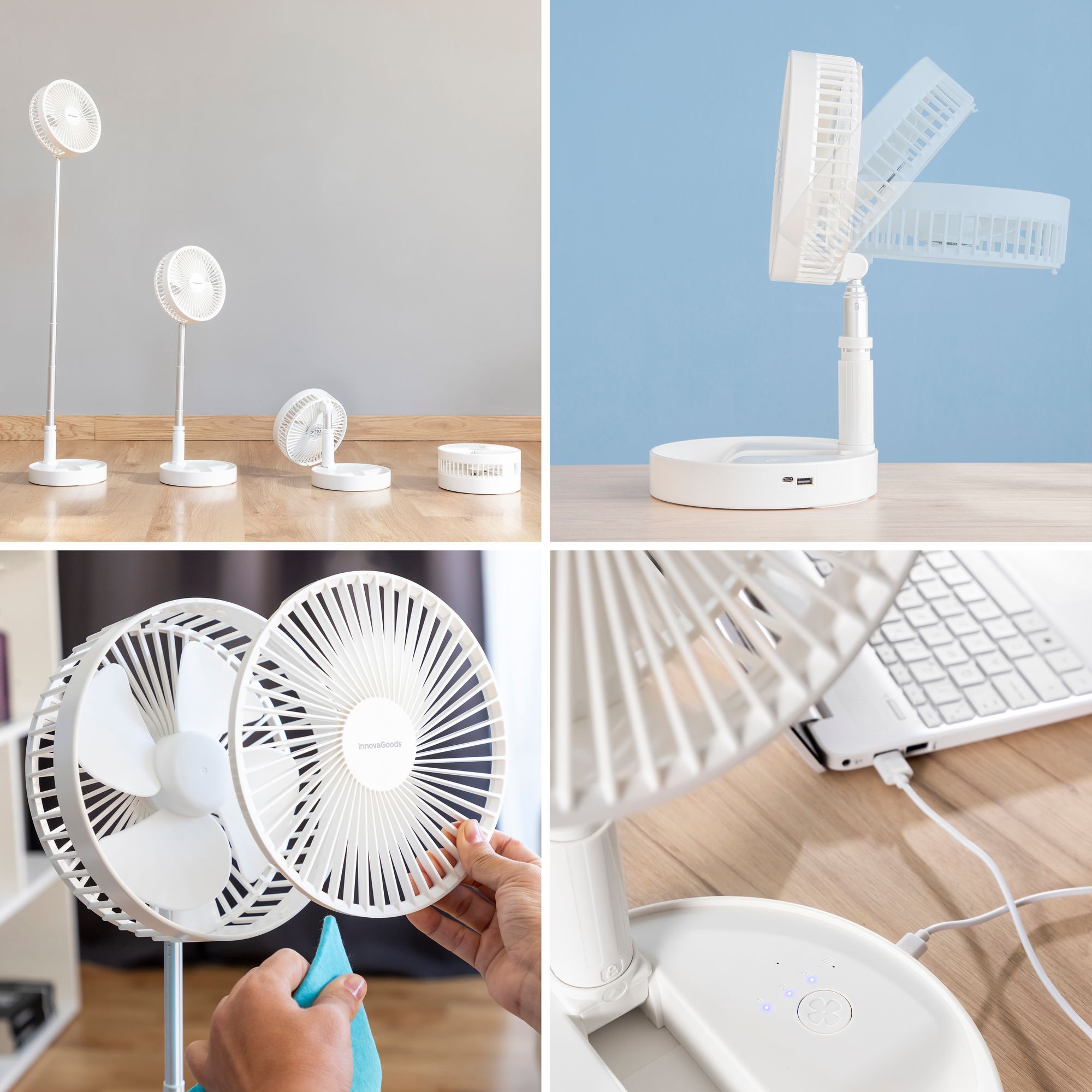 Ventilatore ricaricabile pieghevole 3 in 1 Fandle - 5 V - bianco e argento - 19,8 x 36-100 x 19,8 cm