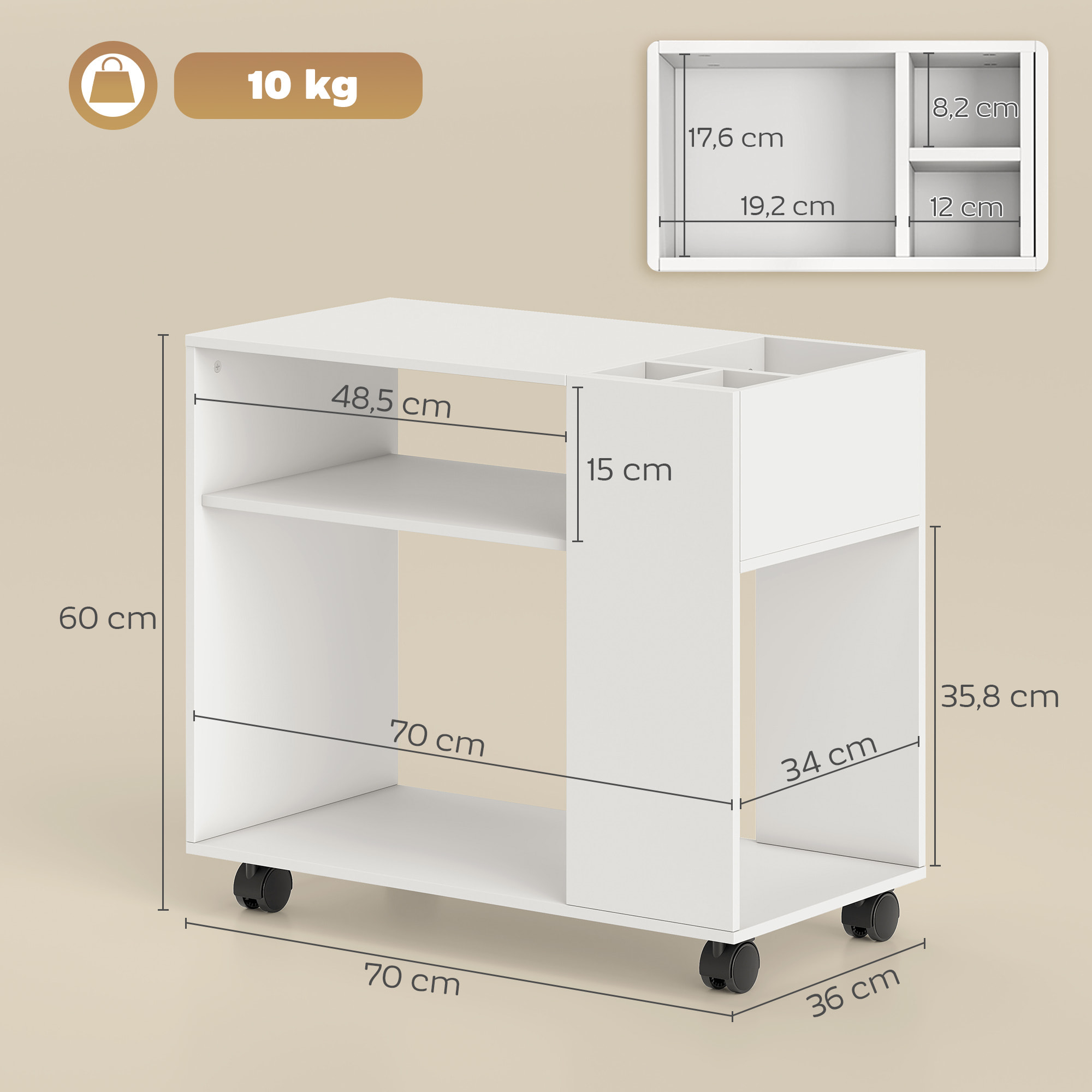 Mueble para Impresora con Ruedas, Soporte de Impresora con Compartimentos Superiores, Estantes Abiertos, para Oficina, Hogar, Estudio, 70x36x60 cm, Blanco