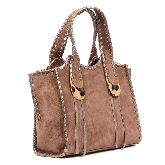 Borsa a mano da donna Avio. Vera pelle scamosciata con cuciture decorative in vera pelle lucida.