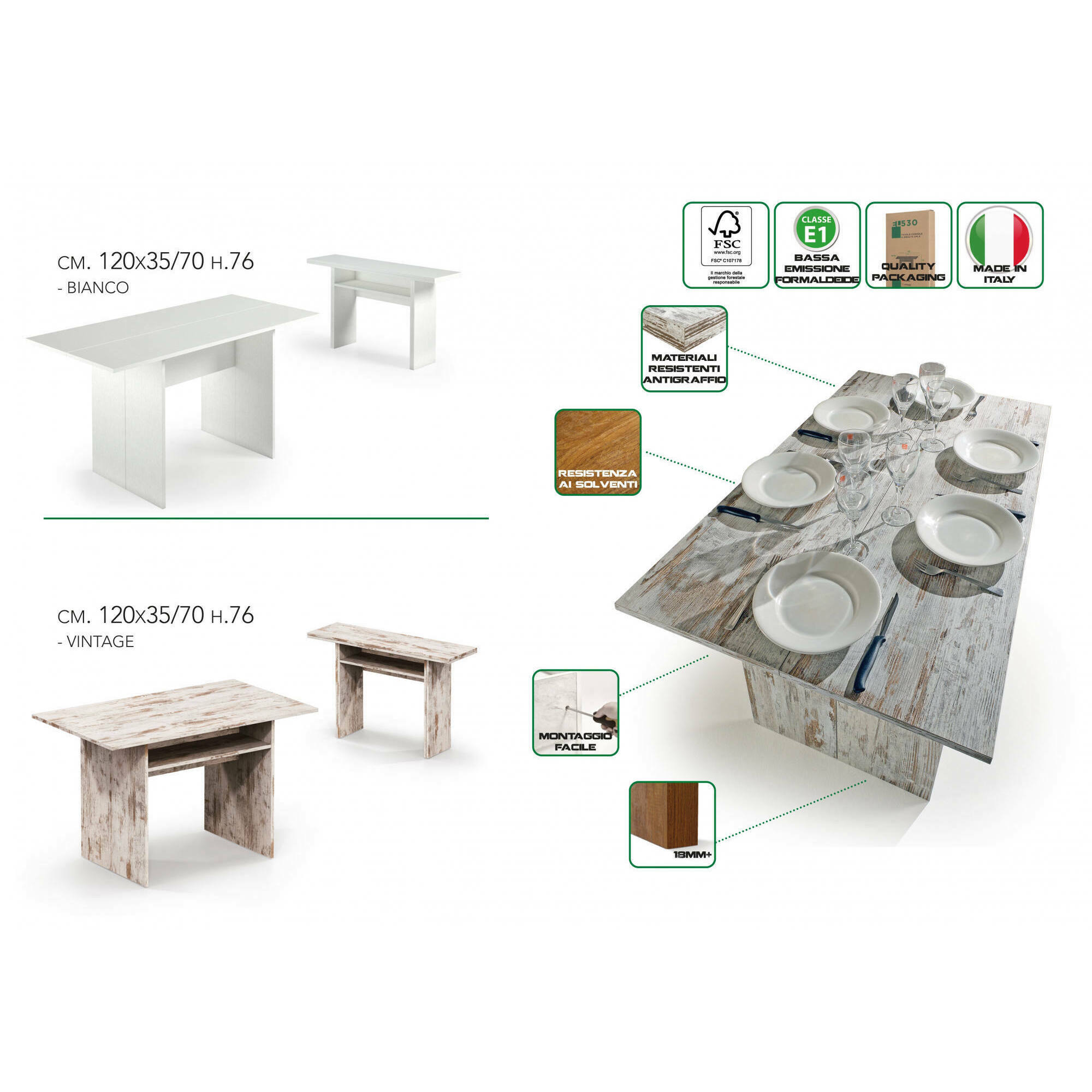 Consolle allungabile Agrippino, Tavolo da pranzo con apertura a libro, Consolle multiuso allungabile, 100% Made in Italy, 120x70h75 cm, Bianco