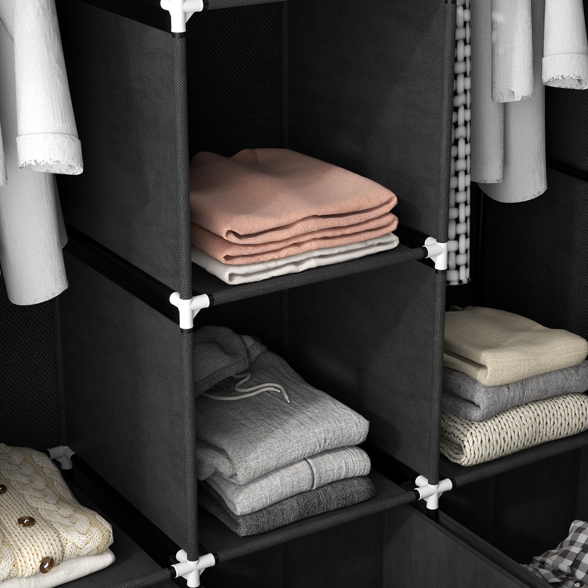 Armoire penderie pliable 5 étagères 2 tringles 3 tiroirs tissu noir