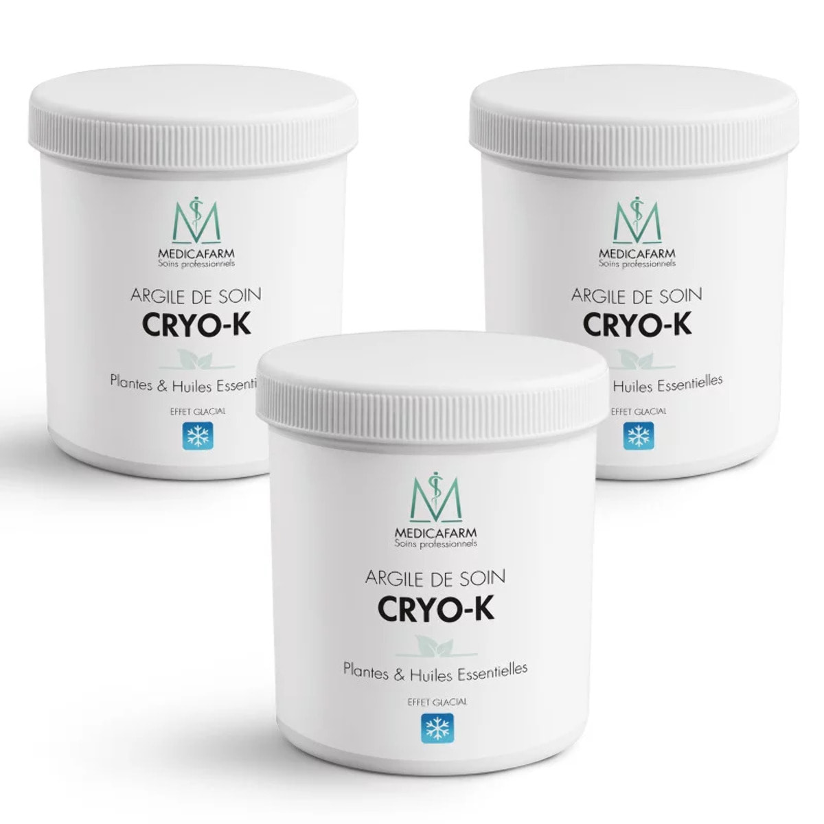 MEDICAFARM - Argile de soin CRYO-K - Aux plantes et huiles essentielles - Effet glacial - Aide à soulager les douleurs et améliorer confort circulatoire - Lot de 3 pots de 500 g