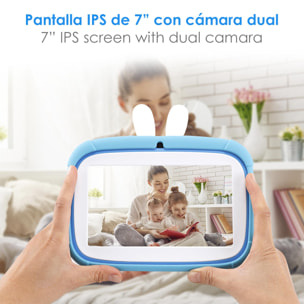 A133 Tablet WiFi per bambini. Sistema operativo Android 11. Schermo da 7'' 1024x600px. ARM Cortex™ A53 quad-core. 2 GB di RAM + 32 GB. Doppia fotocamera.