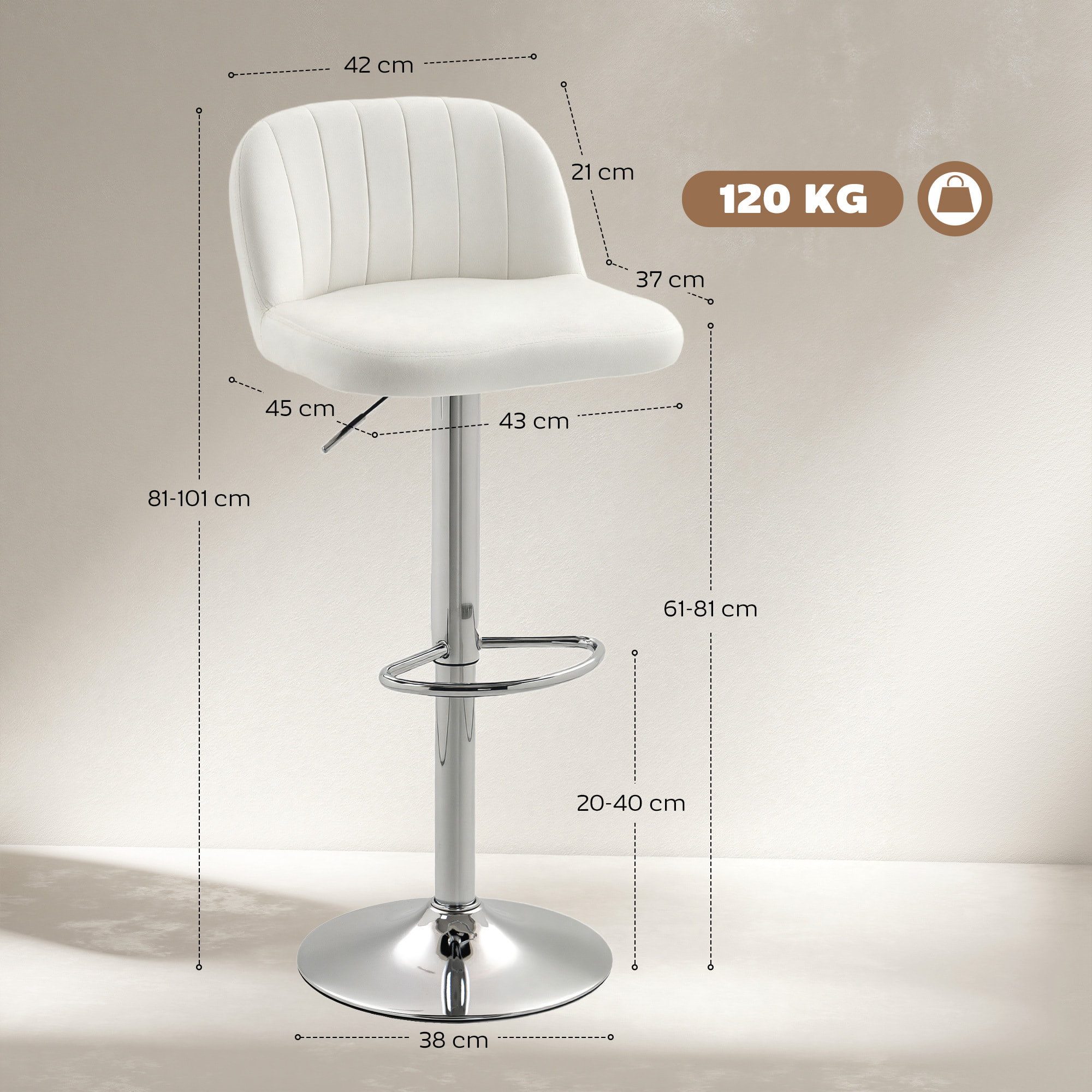 Juego de 2 Taburetes de Bar, Taburetes Altos de Cocina con Asiento Giratorio 81 cm de Altura, Respaldo y Reposapiés, Tapizados de Terciopelo, Fácil Montaje, Estilo Moderno, Crema