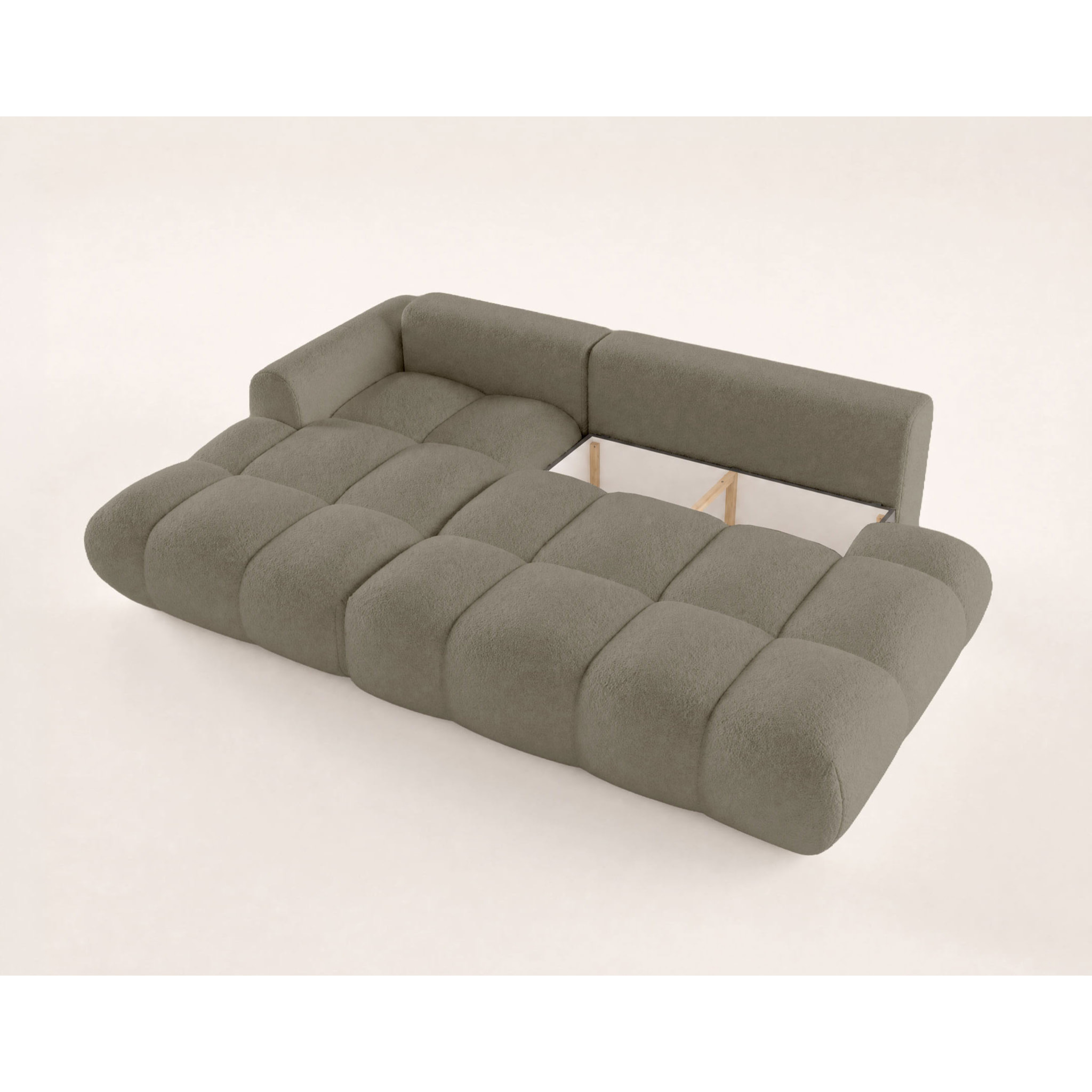 Yulin - Canapé d'angle ouvert gauche 4 places convertible avec coffre en tissu bouclette - Taupe