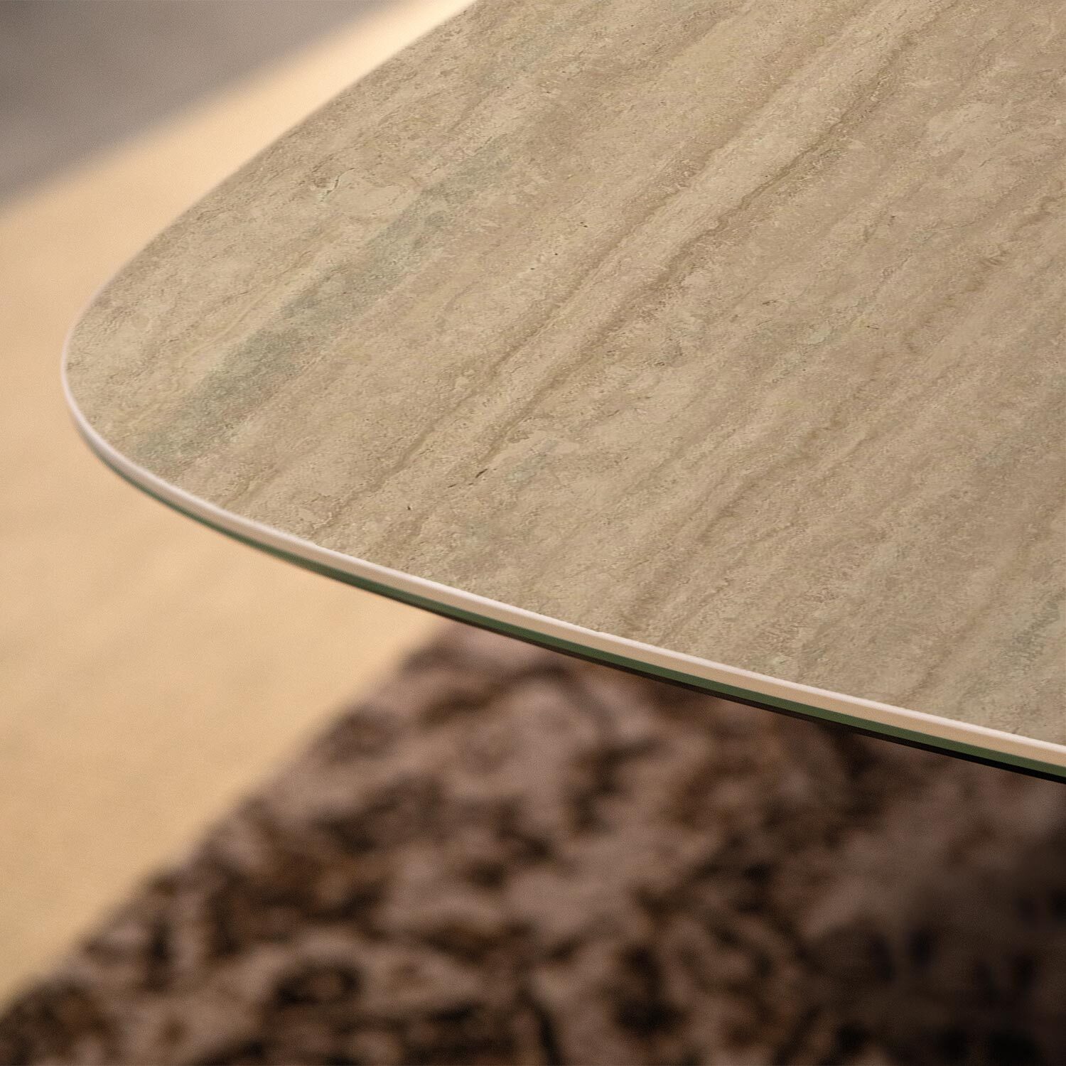 TAVOLO FISSO PRISMA TRAVERTINO - GRIGIO CARBONE, BOTTE BORDO INCLINATO, GRES TRAVERTINO NOCE