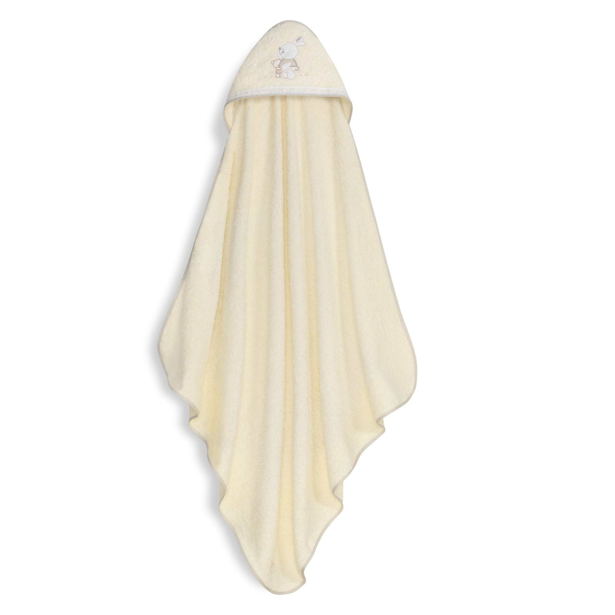 Capa Baño 1X1 Mod Conejitos Abrazos Pasacinta + Gorro Beig