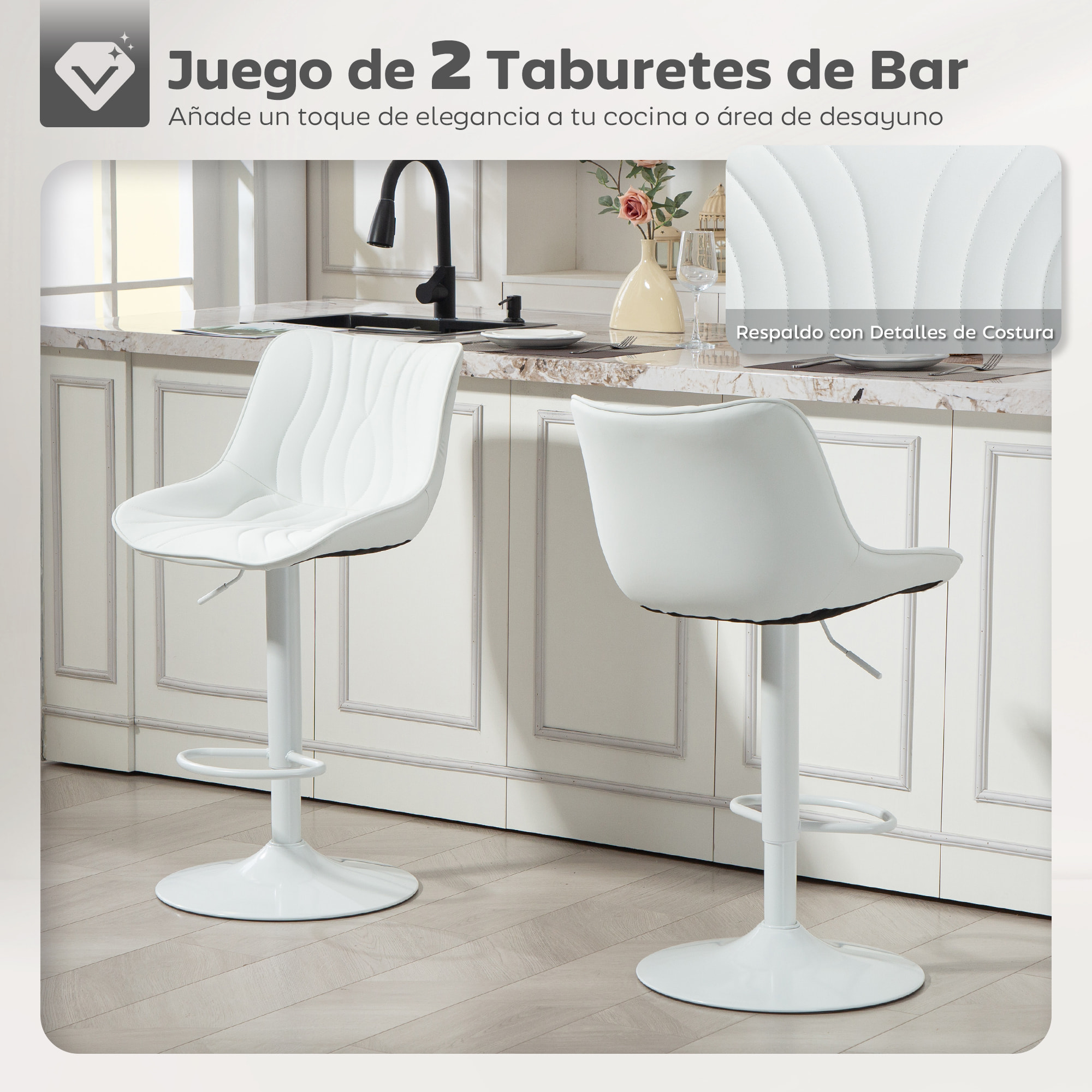 Juego de 2 Taburetes de Bar Taburetes Altos de Cocina Giratorios con Altura Ajustable 92-110 cm Respaldo Asiento de Piel Sintética Marco de Acero y Reposapiés para Comedor Mostrador Blanco