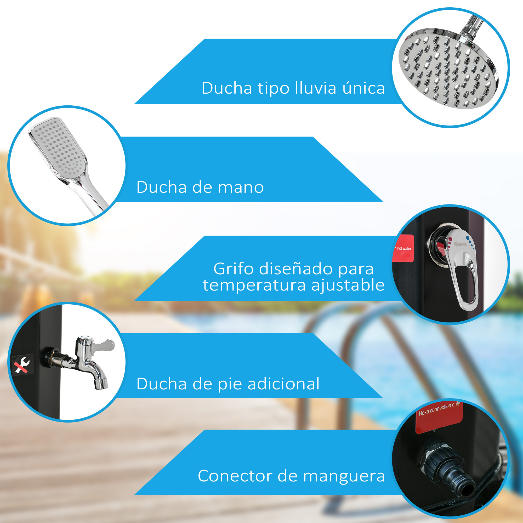 Ducha Solar de Exterior 35 L Ducha de Jardín con 2 Cabezales de Ducha Grifo y Agua Caliente 0-55„ƒ para Piscina Patio Playa 17,5x14,5x216 cm Negro