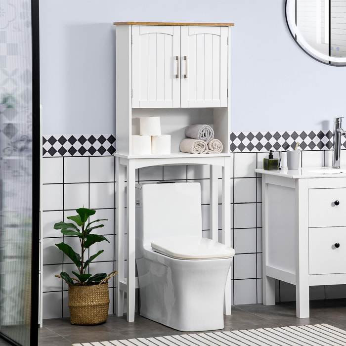 kleankin Mueble sobre Inodoro Armario Alto para Lavadora con 2 Puertas Balda Ajustable Interior y Estante de Almacenaje para Baño WC Carga 20 kg Antivuelco 64x22x165 cm Blanco