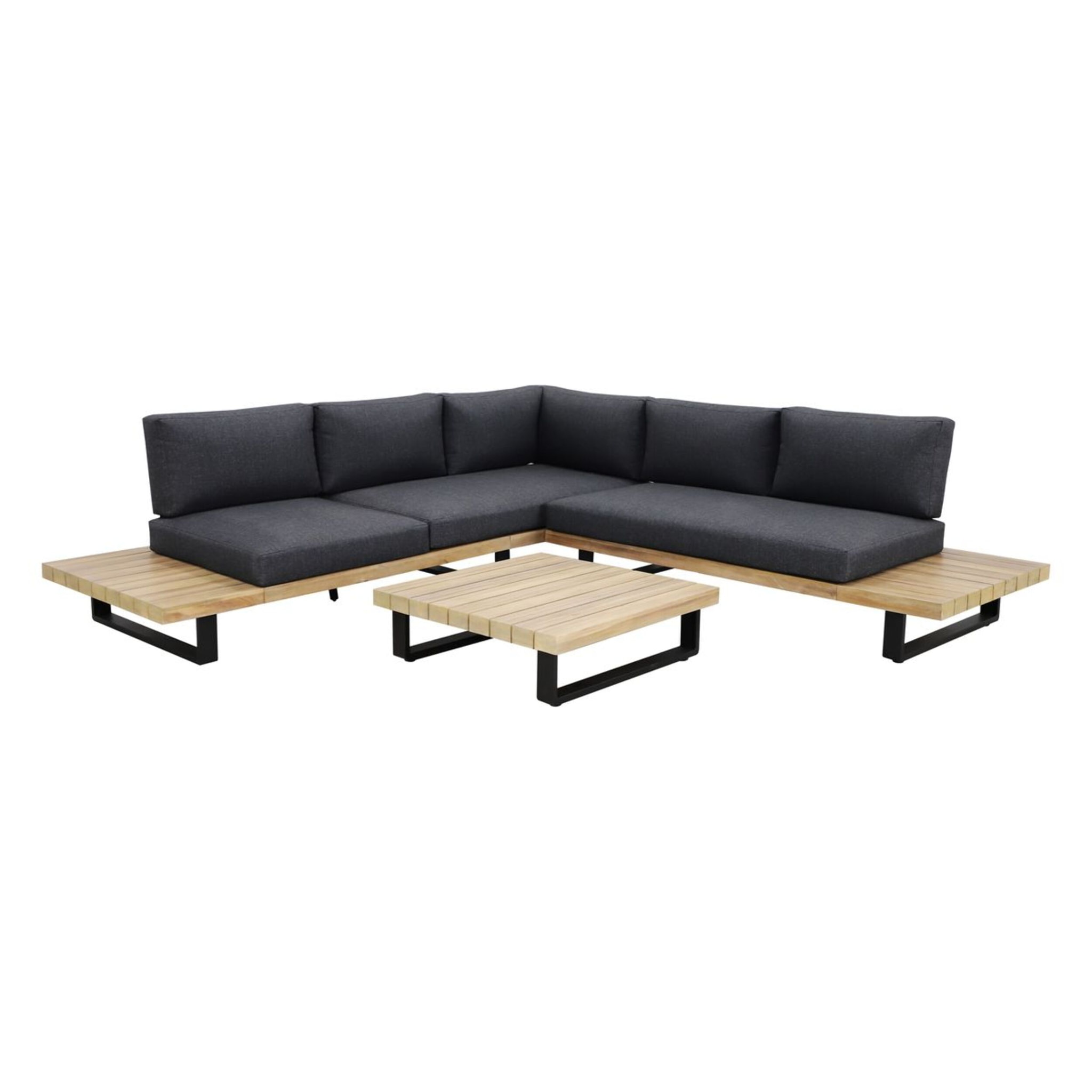 Salon de jardin en bois d'acacia et coussins noir 6 places DOURO