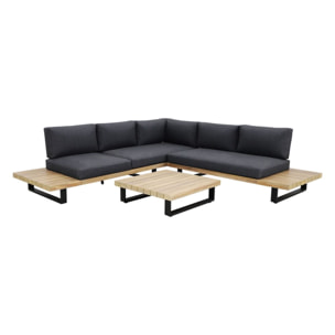 Salon de jardin en bois d'acacia et coussins noir 6 places DOURO