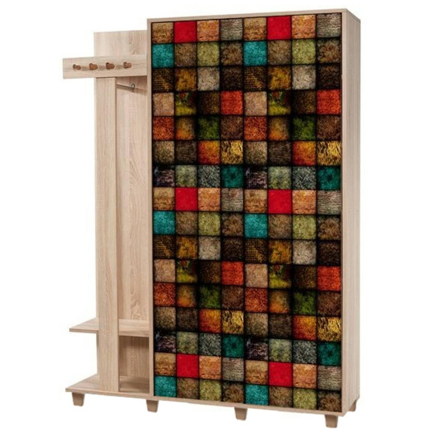 Mobile da ingresso Dpionett, Entratina appendiabiti, Composizione per atrio, Consolle portaoggetti multifunzione, 135x36h194 cm, Quercia e Multicolore