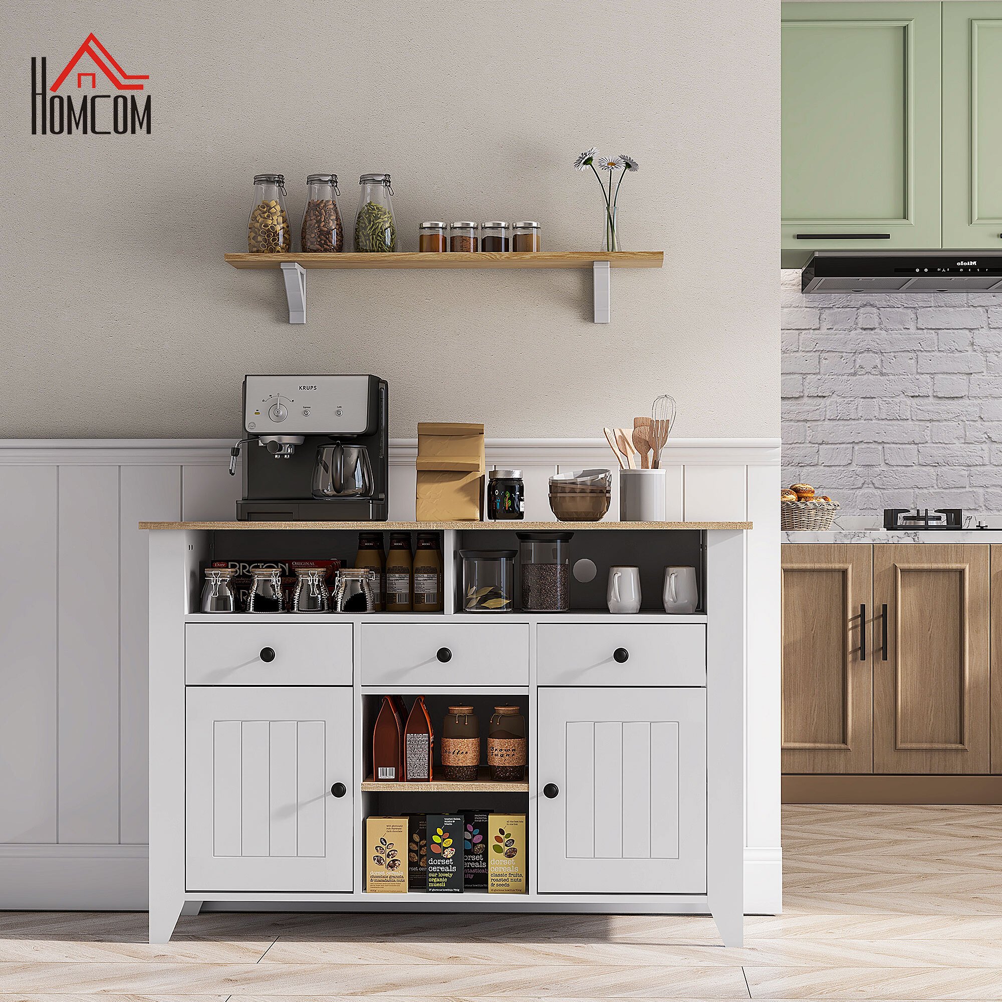 Aparador de Cocina Mesa para Televisores de 50 Pulgadas con 3 Cajones 2 Puertas 2 Estantes Abiertas y 2 Estantes Ajustables Estilo Moderno 120x38x81,5 cm Blanco