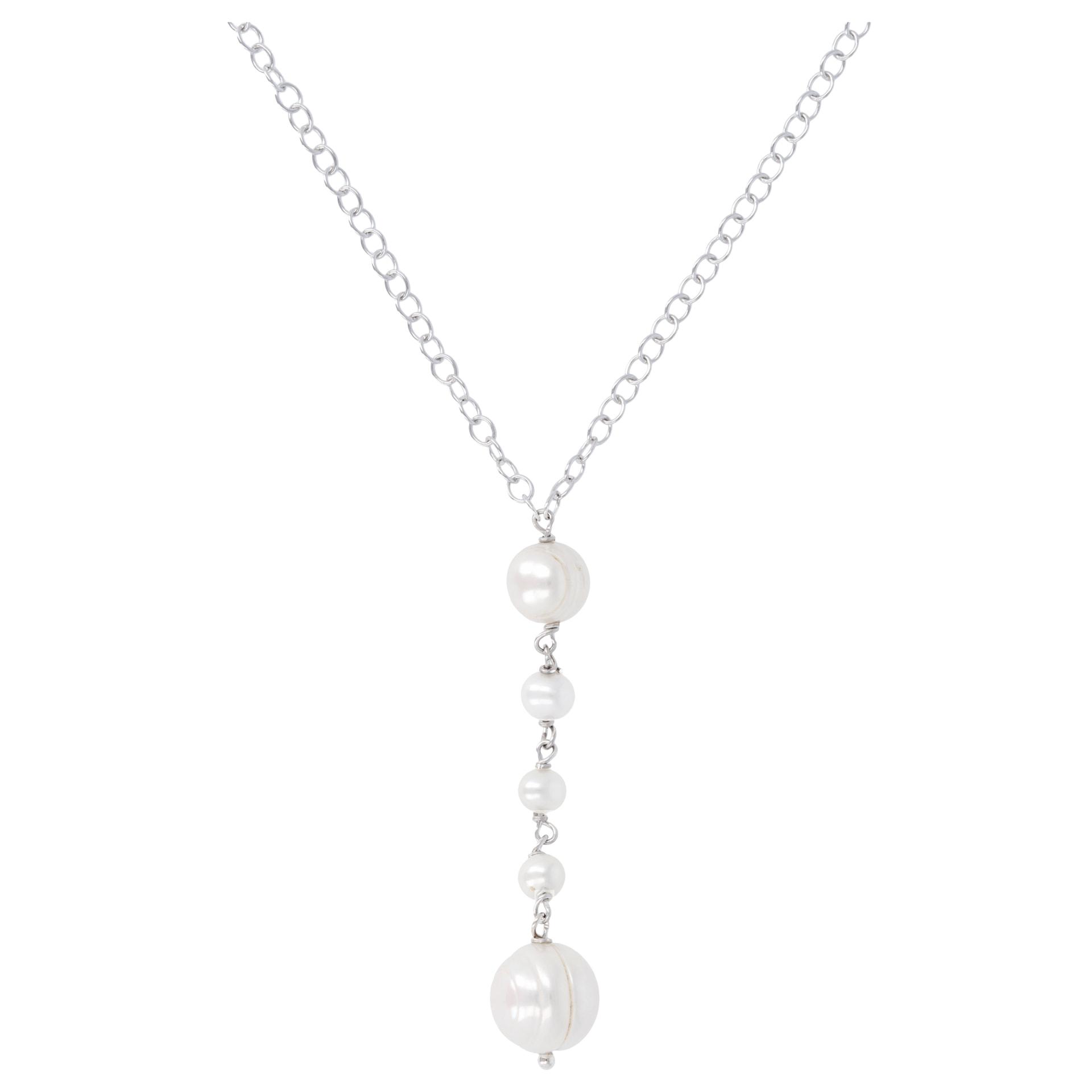PERLAVIVA - Collana Catena Forzatina a 'Y' in Argento 925 placcato Rodio con Perle d'Acqua Dolce Bianche Ø 5/6 mm