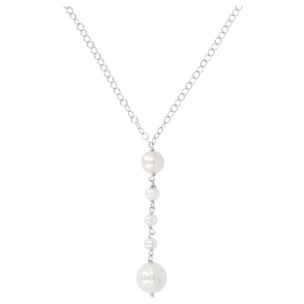 PERLAVIVA - Collana Catena Forzatina a 'Y' in Argento 925 placcato Rodio con Perle d'Acqua Dolce Bianche Ø 5/6 mm