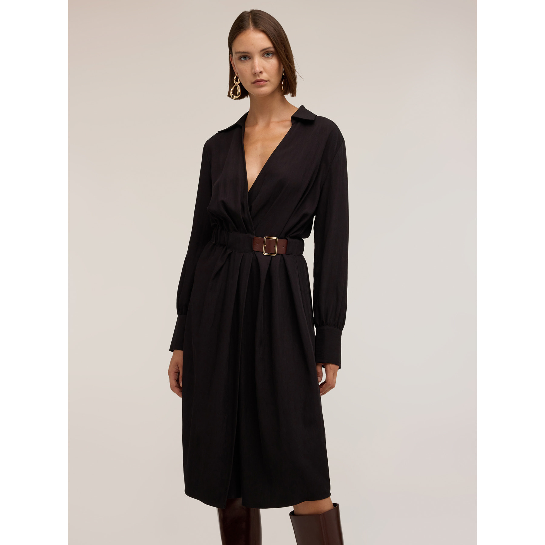 Motivi - Vestido camisero en twill drapeado - Negro
