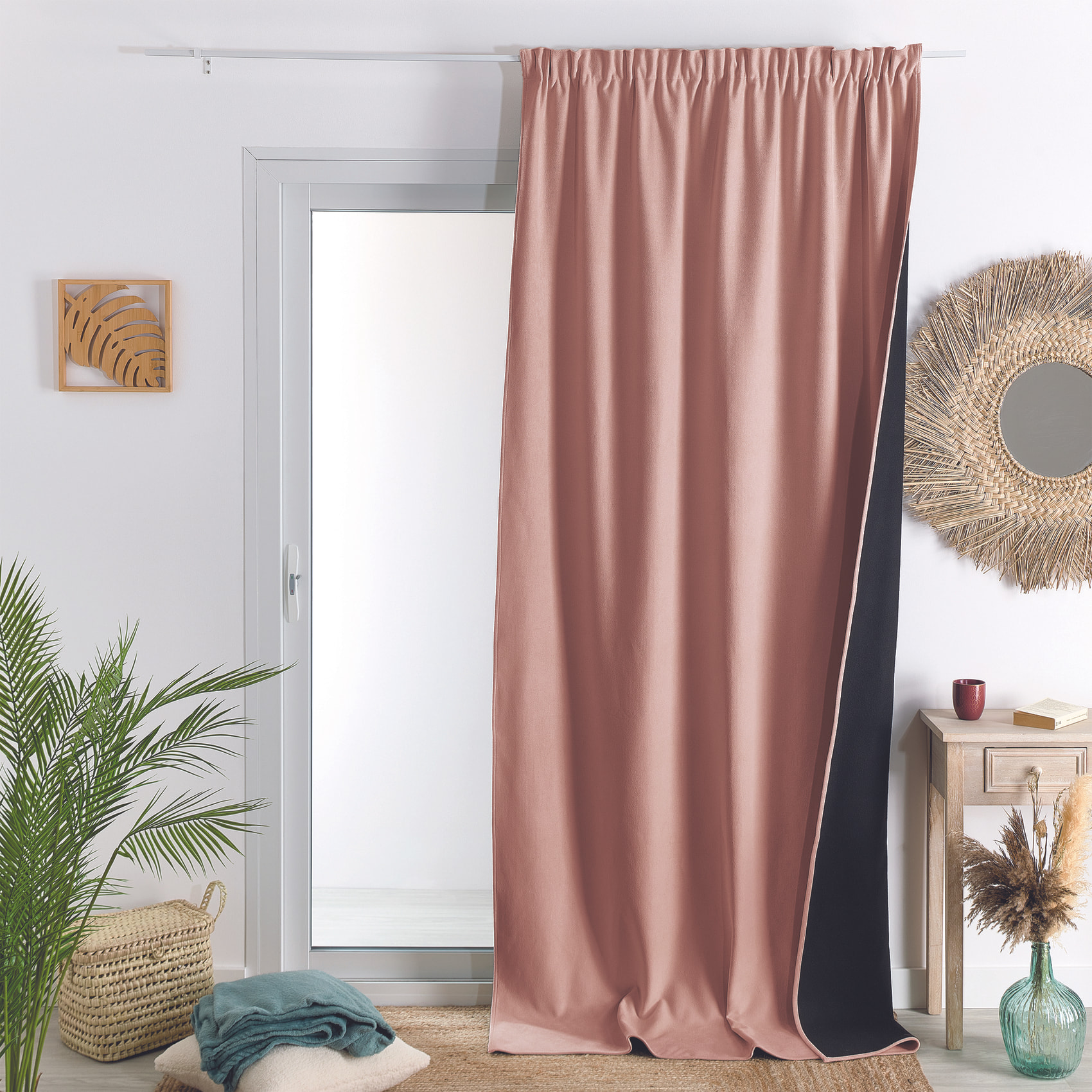 Rideau thermique phonique et semi occultant à galons fronceurs KONFOR - Rose