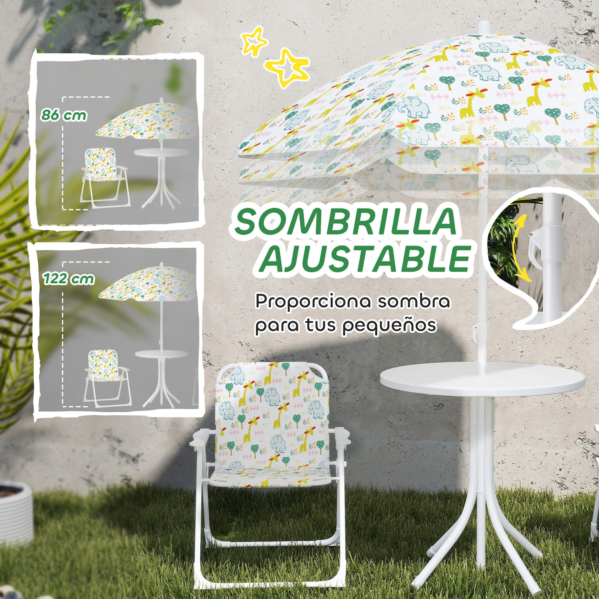 Conjunto de Mesa y Sillas Infantil de Jardín de 4 Piezas, Mesa Infantil con Sillas Plegables, Sombrilla Ajustable, Diseño de Elefantes y Jirafas, para Patio, Pícnic, Blanco