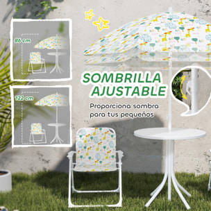 Conjunto de Mesa y Sillas Infantil de Jardín de 4 Piezas, Mesa Infantil con Sillas Plegables, Sombrilla Ajustable, Diseño de Elefantes y Jirafas, para Patio, Pícnic, Blanco