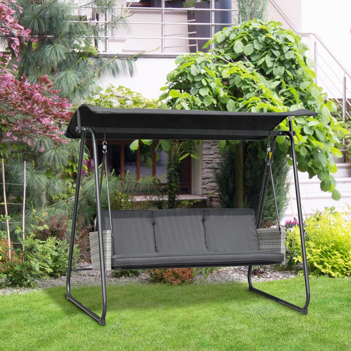 Balancelle de jardin 3 places auvent inclinaison réglable coussins assise et dossier résine tressée grise acier époxy polyester noir