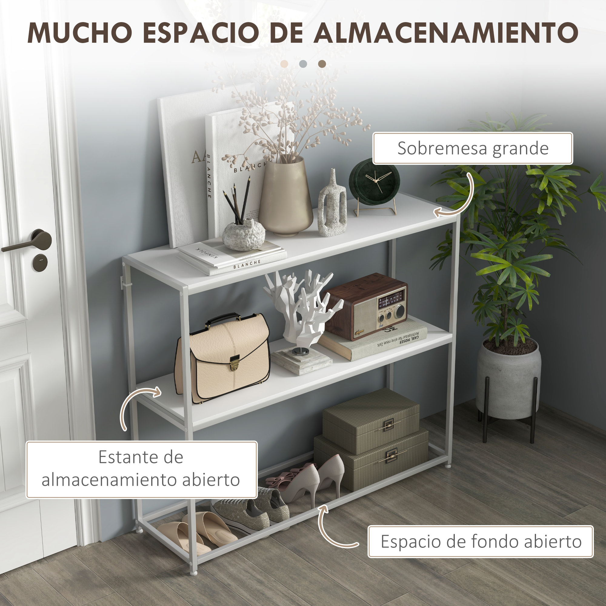 Mesa Consola Recibidor Mesa de Entrada con Estante Abierto y Estructura de Acero Antivuelco para Salón Pasillo 100x30x87 cm Blanco