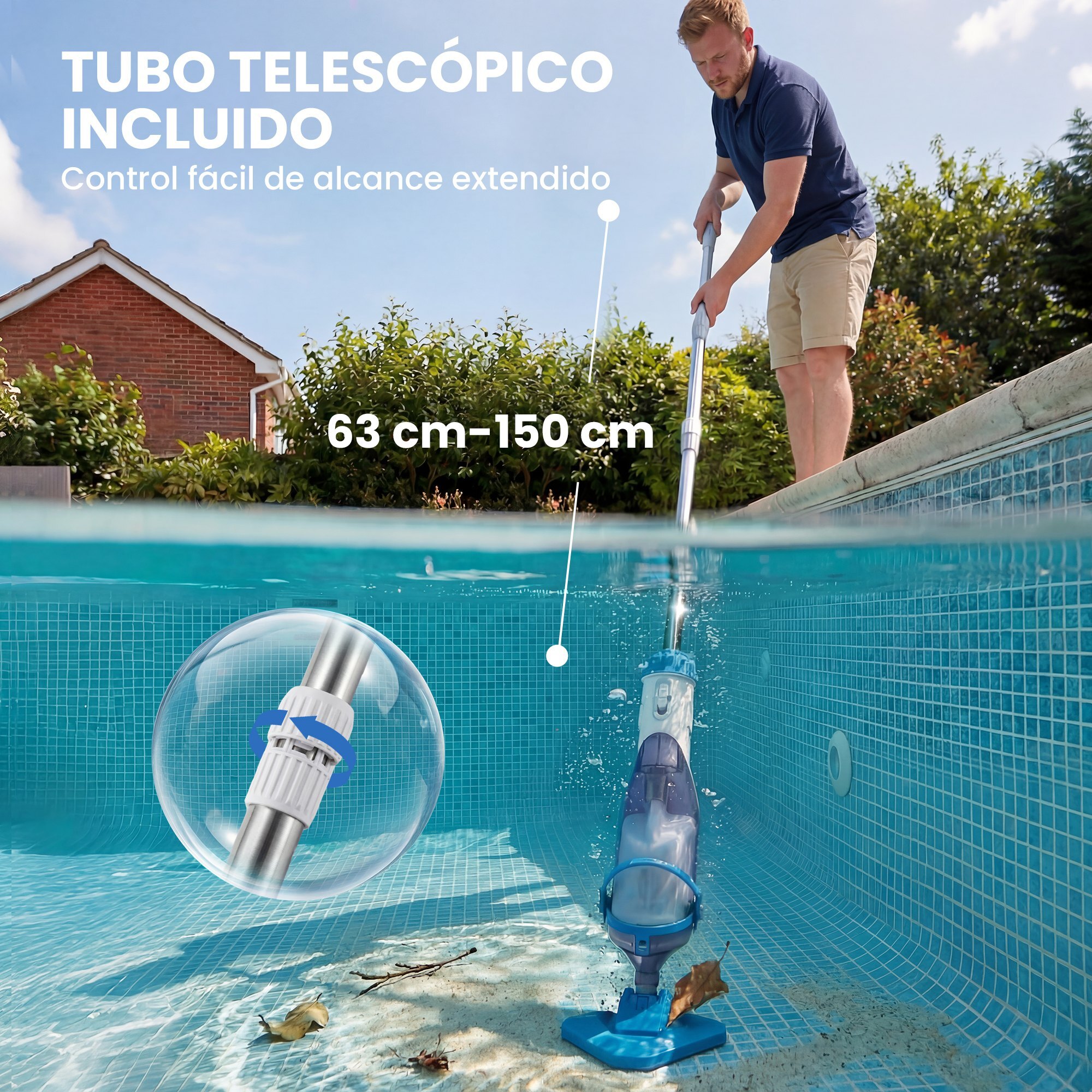 Limpiafondos de Piscina a Batería, Aspirador de Piscina Inalámbrica con Cepillo, Mango Telescópico 63-150 cm, Aspiradora Manual para Piscinas Pequeñas, Estanques, 60 Minutos Limpieza, Azul