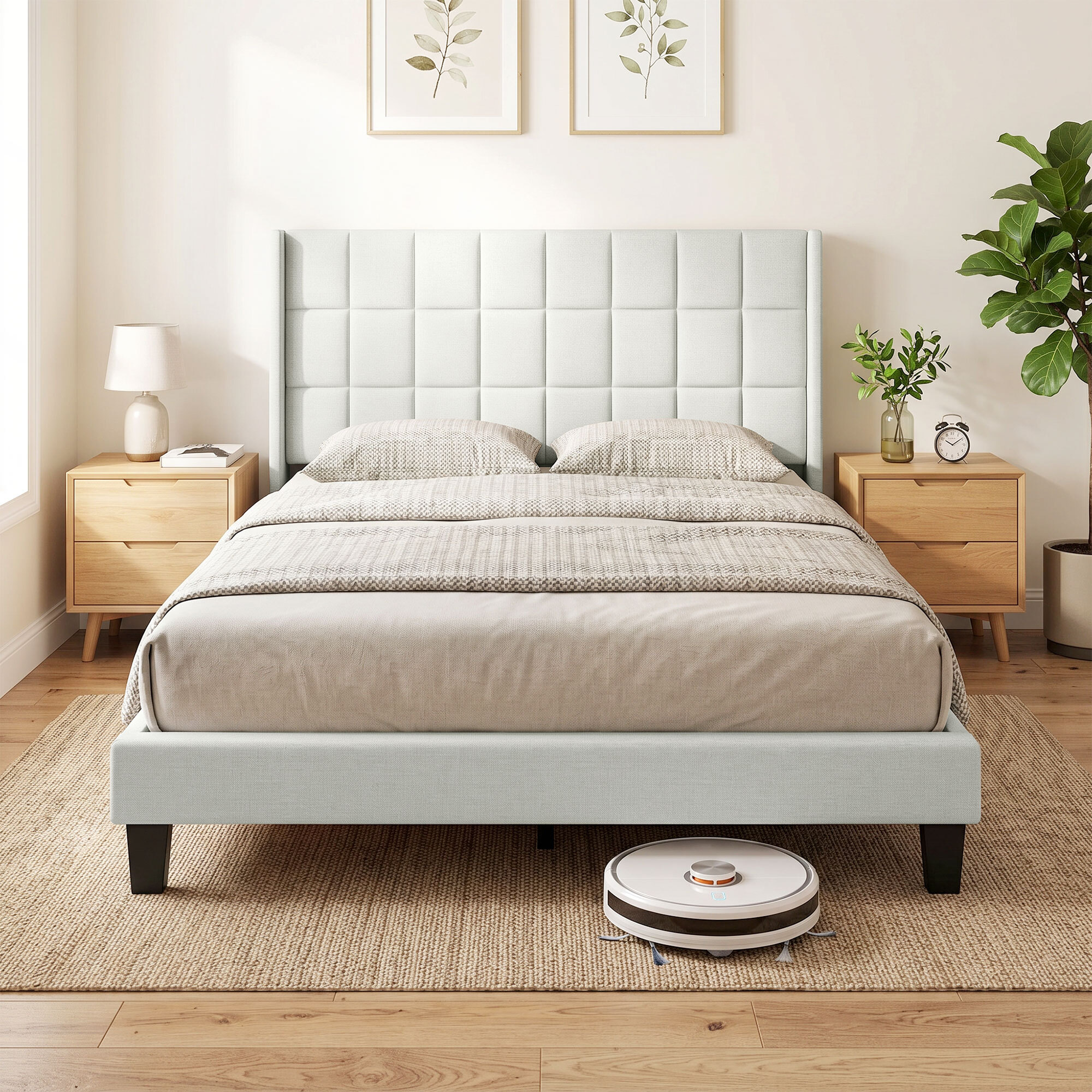 Cama Tapizada 135x190 cm con Cabecero Acolchado con Orejas y Almacenaje Inferior, Marco de Cama Doble con Somier de Lamas de Madera, Diseño Moderno, Fácil Montaje, Beige