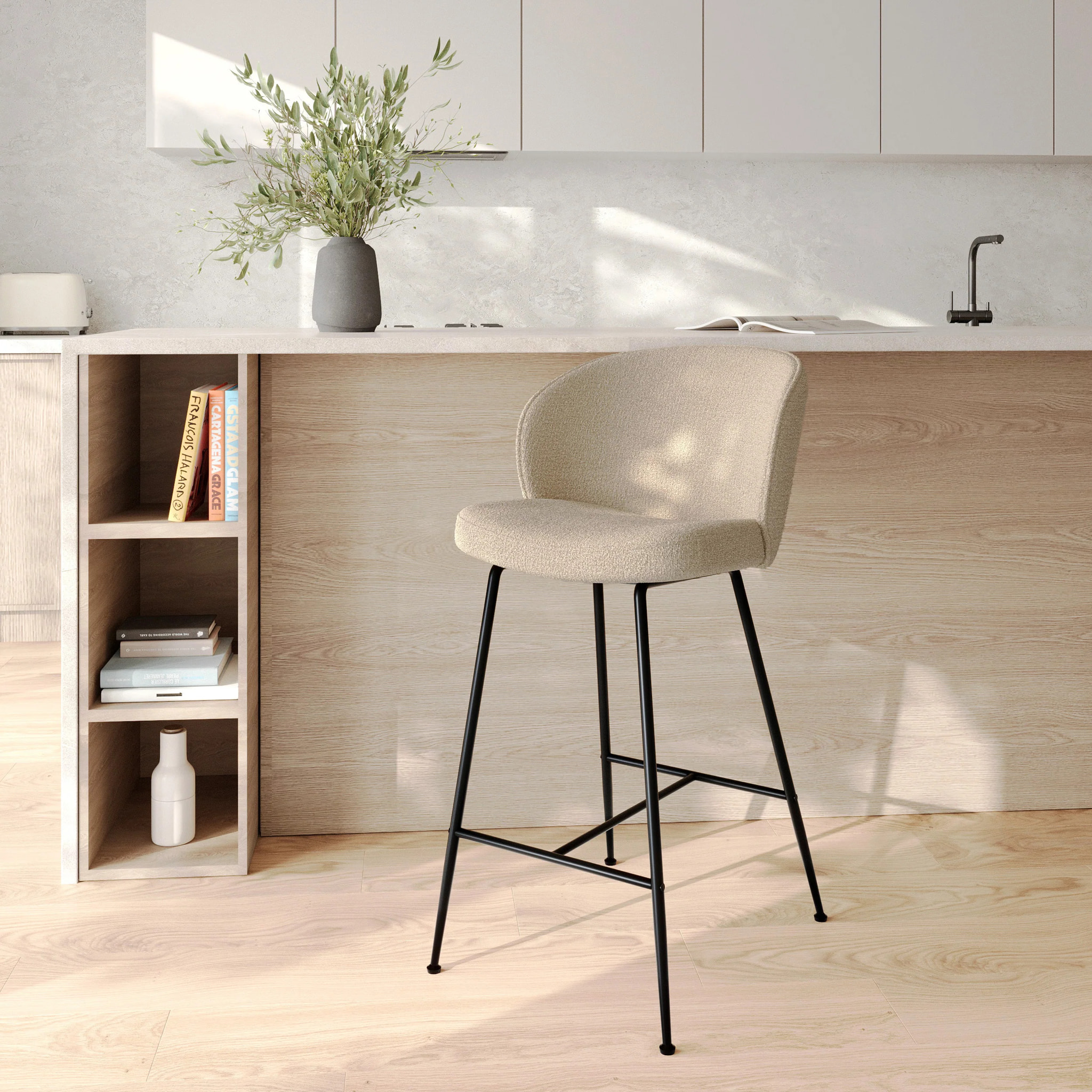 Chaise de bar en tissu bouclé beige 66 cm - Groom