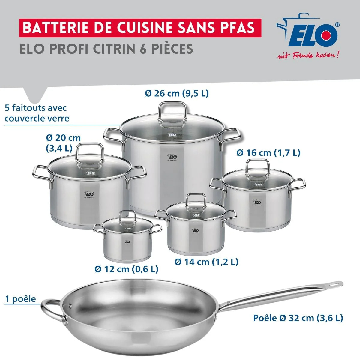 Set de 1 Poêle de cuisson et 5 faitouts Elo Profi Citrin