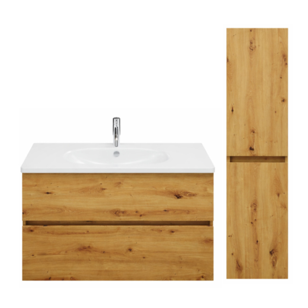 Pack meuble de salle de bain simple vasque BURGBAD Joline 100 cm chêne + colonne