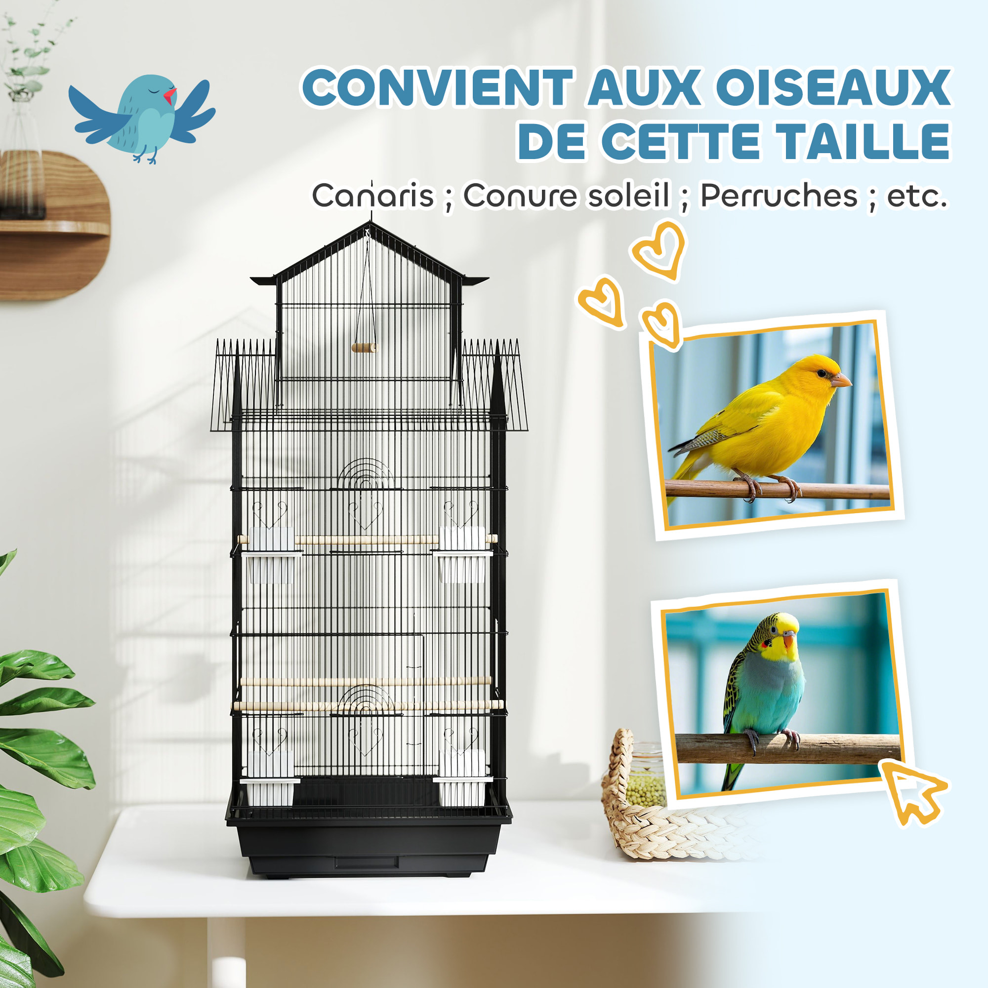Cage à oiseaux design maison mangeoires perchoirs balançoire grande porte 8 trappes plateau déjection