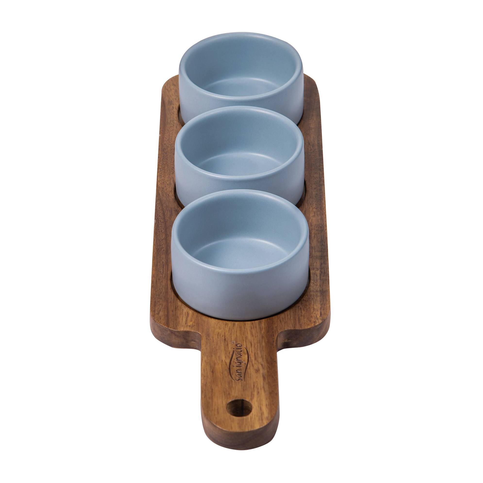 Set de 3 boles para salsa + 1 bandeja de madera san ignacio