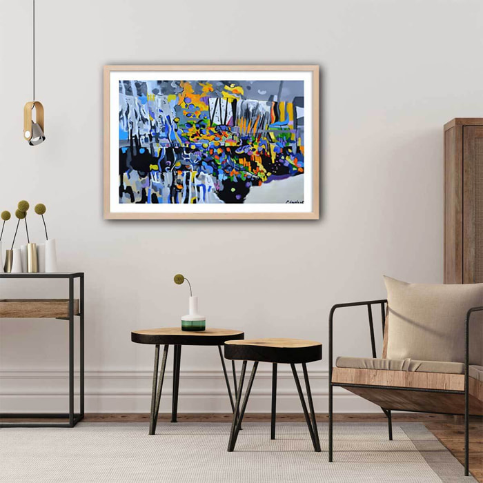 Affiche abstraite champs de bleuet Affiche + cadre en bois - Chêne