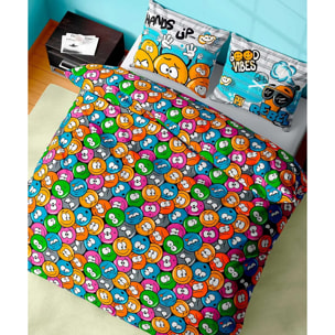 Parure Copripiumino Emoji per letto singolo in 100% Cotone e Made in Italy, faccine divertenti